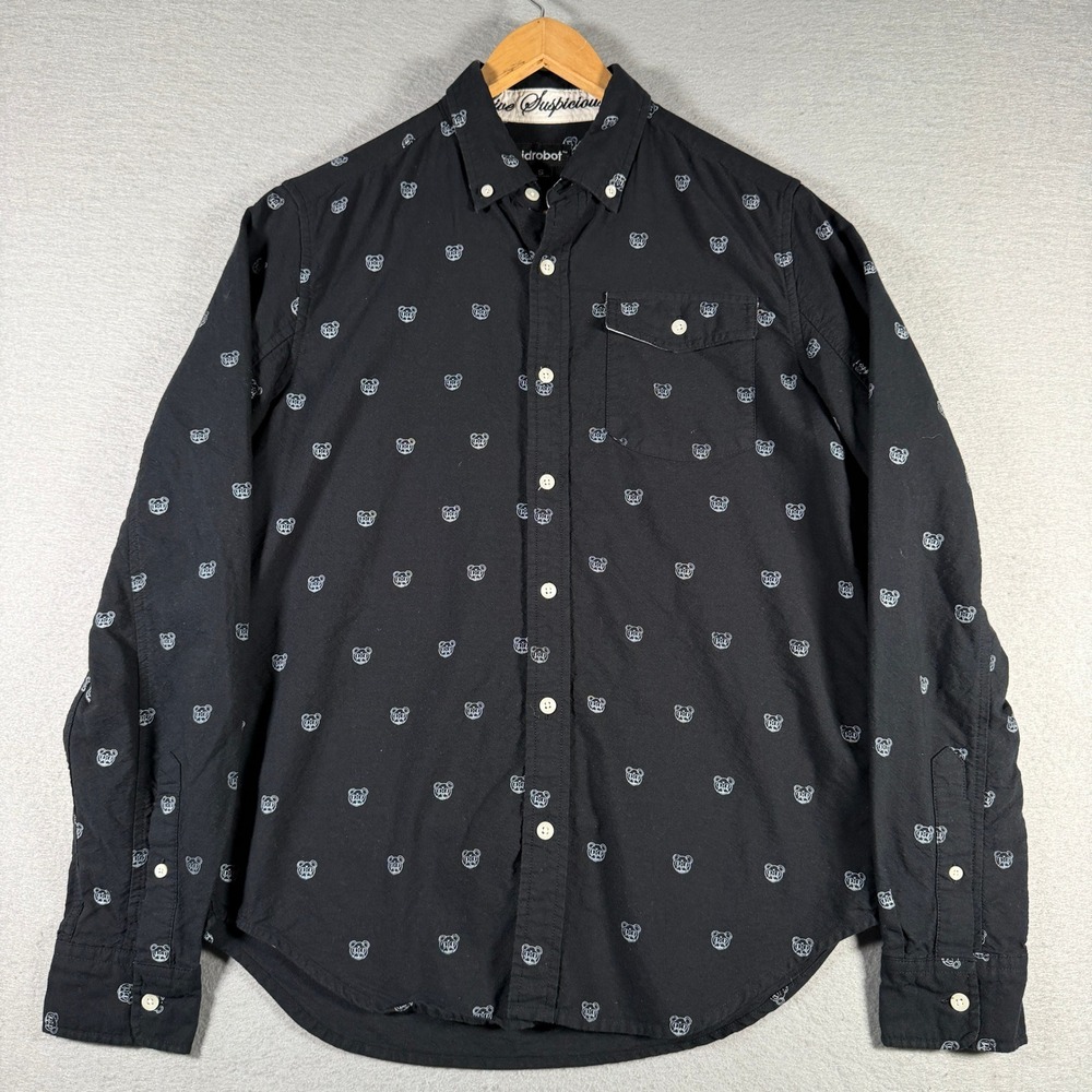 Kidrobot Mens Bear Graphic Print Button Down Shirt Black White MS14Z134 Small